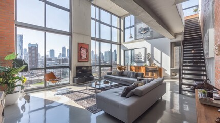 Poster - Modern Loft Apartment Featuring City Skyline Views