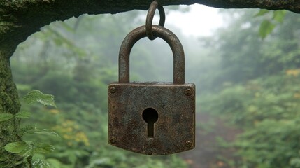 Sticker - Rusty padlock hangs in misty forest, secrecy