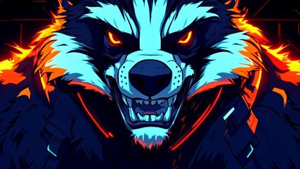 Wall Mural - Fierce neon angry badger character with glowing eyes and fiery mane, set against a dark, tech-inspired background