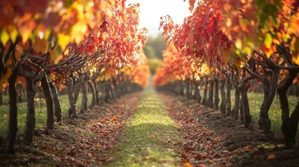 Poster - Autumnal Vineyard Rows Of Red And Gold Leaves