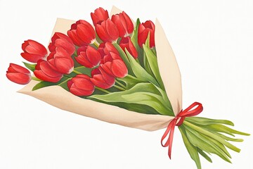 Sticker - Elegant watercolor bouquet of vibrant red tulips wrapped in kraft paper, showcasing natures beauty with delicate green leaves and a simple ribbon