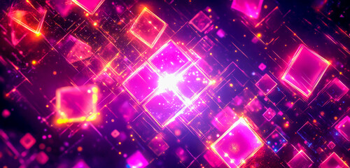 Abstract digital background with glowing holographic geometric shapes and squares, representing the concept of blockchain technology