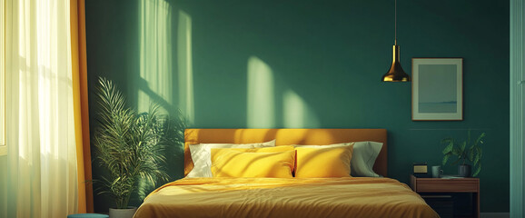 Poster - Cozy bedroom interior with green walls, yellow bedding, and natural light through curtains