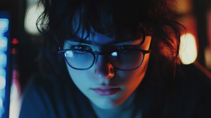 Young caucasian female programmer working at night with computer screen reflections