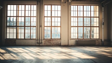 Poster - Sunlight streams through large factory windows illuminating the floor