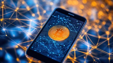 Poster - Smartphone displays a bitcoin cryptocurrency network