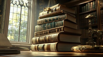 Poster - Antique books stacked near a sunlit window