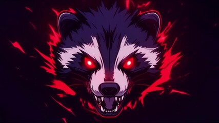 Wall Mural - Fierce stylized angry badger face with glowing red eyes emerging from a dark background with dynamic effects