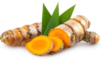 Turmeric rhizome sliced with green leaves isolated on white background. Natural and vibrant, perfect for herbal medicine, cooking, or wellness themes. Clean, professional presentation