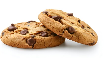 Two chocolate chip cookies isolated on white background. Sweet and indulgent, ideal for desserts, snacks, or food advertising. Clean, professional presentation for commercial use