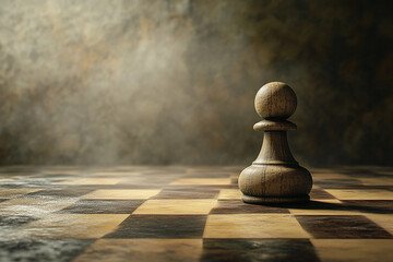 Poster - Close-up of a wooden chess pawn on a chessboard with soft lighting and blurred background