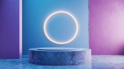 Poster - blue and purple studio room interior with cylinder product podium and neon glowing circular arch on 