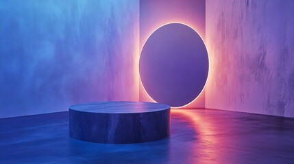 Poster - blue and purple studio room interior with cylinder product podium and neon glowing circular arch on 