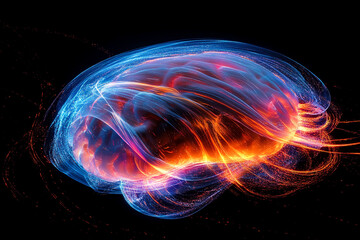 Poster - Abstract digital rendering of a glowing human brain with glowing colorful energy trails, concept of mind and thought process