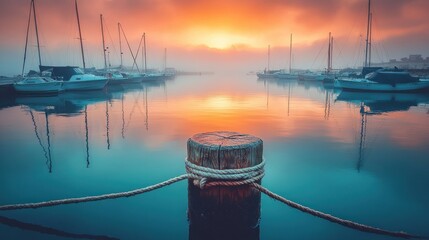 Canvas Print - Sunrise harbor marina calm boats fog travel