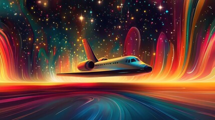 Poster - Spacecraft Soaring Through Vibrant Cosmic Landscape