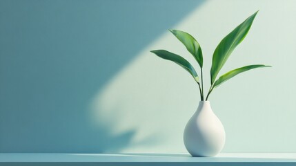 Poster - Green leaves in a white vase against a teal wall