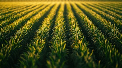 Poster - Golden sunlight illuminates rows of young corn plants