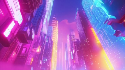 Poster - Neon Cityscape Towers Rise Towards A Vivid Sky