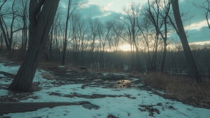 Poster - Winter Sunset in a Snowy Bare Woods