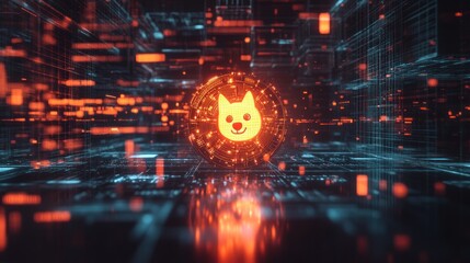 Aufkleber - Digital Dog Icon Glows in Cyberspace Network