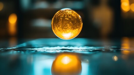 Poster - Golden Bitcoin Sphere Floating Above Water Surface