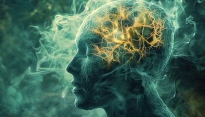Poster - Human Brain with Glowing Neural Networks and Smoke Illustrating Consciousness