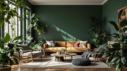 Poster - a modern living room with a green wall, a brown couch, and numerous potted plants scattered throughout the space. Natural light streams in from large windows, creating a warm and inviting atmosphere.