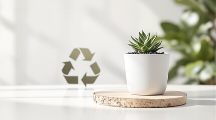 Poster - a white pot with a succulent plant on a wooden tray. There is a recycling symbol in the background.
