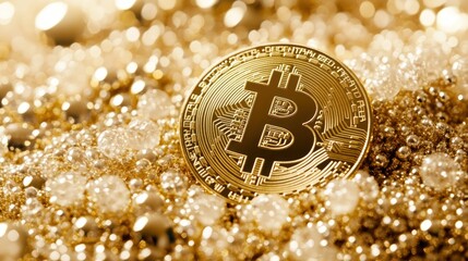 Poster - Golden cryptocurrency Rests on Sparkling Gold Background