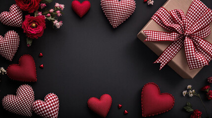 Poster - a festive Valentine's Day setup with a collection of red hearts, a gift box tied with a ribbon, and decorative red berries on a black background.