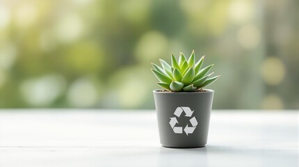 Poster - a small potted plant with a green leafy plant inside a black pot. The pot has a recycling symbol on it. The background is blurred, showing a green outdoor setting with bokeh effects.