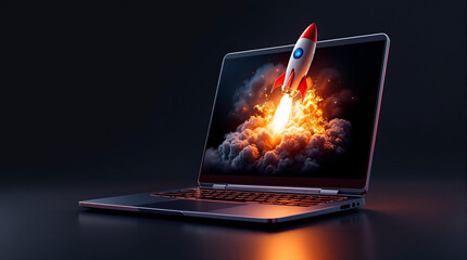 Aufkleber - a laptop with a rocket image on its screen against a dark background.