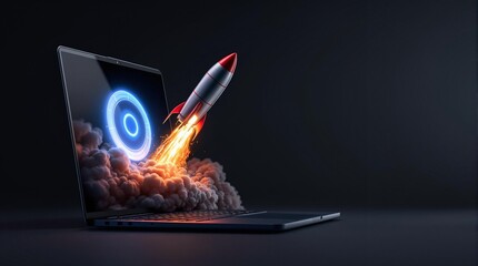 Aufkleber - a laptop with a rocketship coming out of the screen, symbolizing speed and power. The background is dark, emphasizing the vibrant rocket and the laptop.
