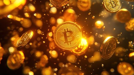 Poster - Golden Bitcoin Coins Falling Through Space