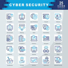 Cyber Security icon set containing Encryption, Authentication, Cyber Resilience, Firewall, Malware, Ransomware, Phishing, Patch, Cryptography, Compliance icon. Simple color outline vector
