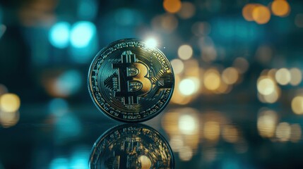 Poster - Bitcoin Cryptocurrency Coin Reflecting City Lights