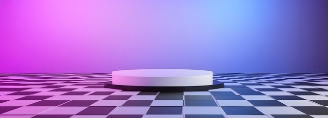 Wall Mural - A podium standing on a black-and-white checkerboard floor, with smooth gradients of purple and blue in the background