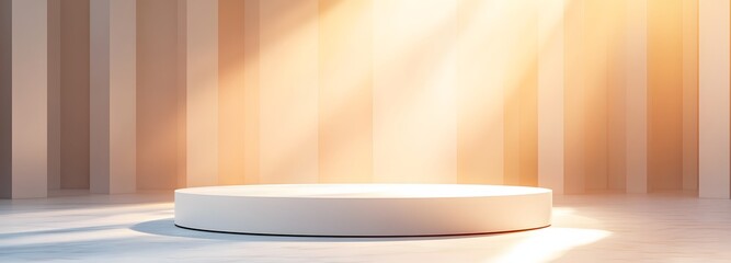Fototapete - A podium on a pristine white floor, illuminated by soft golden light, with a plain, neutral backdrop