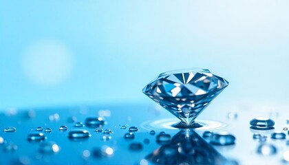 Poster - A dazzling diamond sits on a glossy surface, surrounded by small droplets of water. The bright blue background enhances the gem's clarity and brilliance