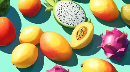 Poster - Vibrant Tropical Fruits Arranged On A Teal Background