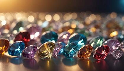 Poster - A vibrant collection of gemstones glistens under gentle lighting, showcasing various colors and cuts. The scene evokes a sense of luxury and beauty, appealing to gem enthusiasts