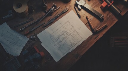 Aufkleber - Architectural blueprints and tools lay on a wooden workbench