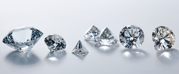 Poster - Multiple diamonds of different cuts and sizes are arranged on a reflective surface, showcasing their clarity and sparkle. The lighting enhances their intricate facets