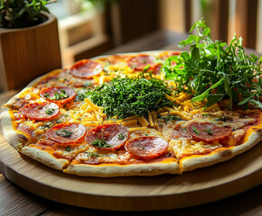 Wall Mural - Delicious pizza on a wooden plate