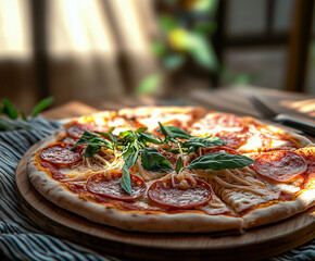 Wall Mural - Delicious pizza on a wooden plate