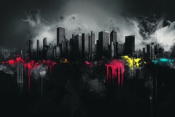 Poster - A black and white urban skyline with splashes of neon paint