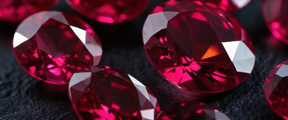 Poster - A collection of exquisite red gemstones showcases their brilliance as they catch the light. The facets create mesmerizing reflections, enhancing their vibrant colors