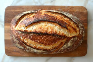 Wall Mural - Artisan sourdough bread loaf rests on wooden board