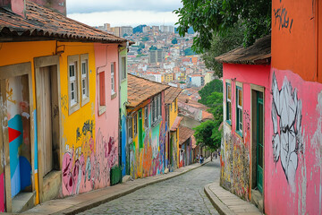 Poster - A colorful graffiti-covered alleyway in a bustling metropolis